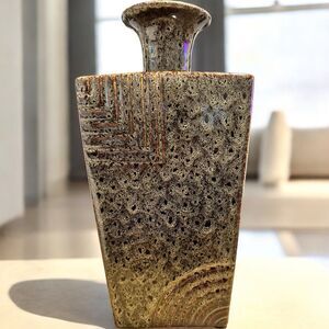 1980s Asian Ceramic Vase Birdseye Pattern Green Brown Black Bottle Neck